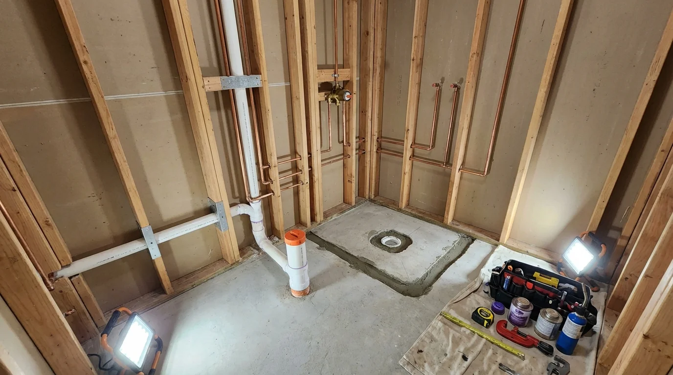 Bathroom rough-in plumbing during remodel by Johns Plumbing LLC in West Paris