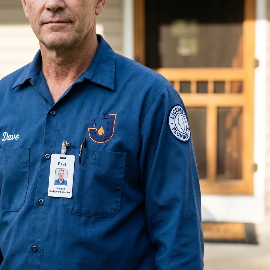 Licensed plumber showing ID badge in West Paris, ME