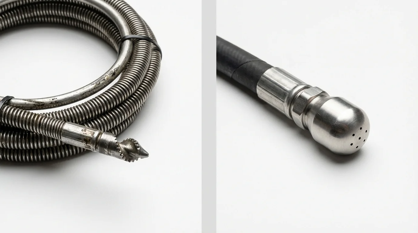Drain snake cable and hydro jetting nozzle used for drain cleaning in West Paris, ME
