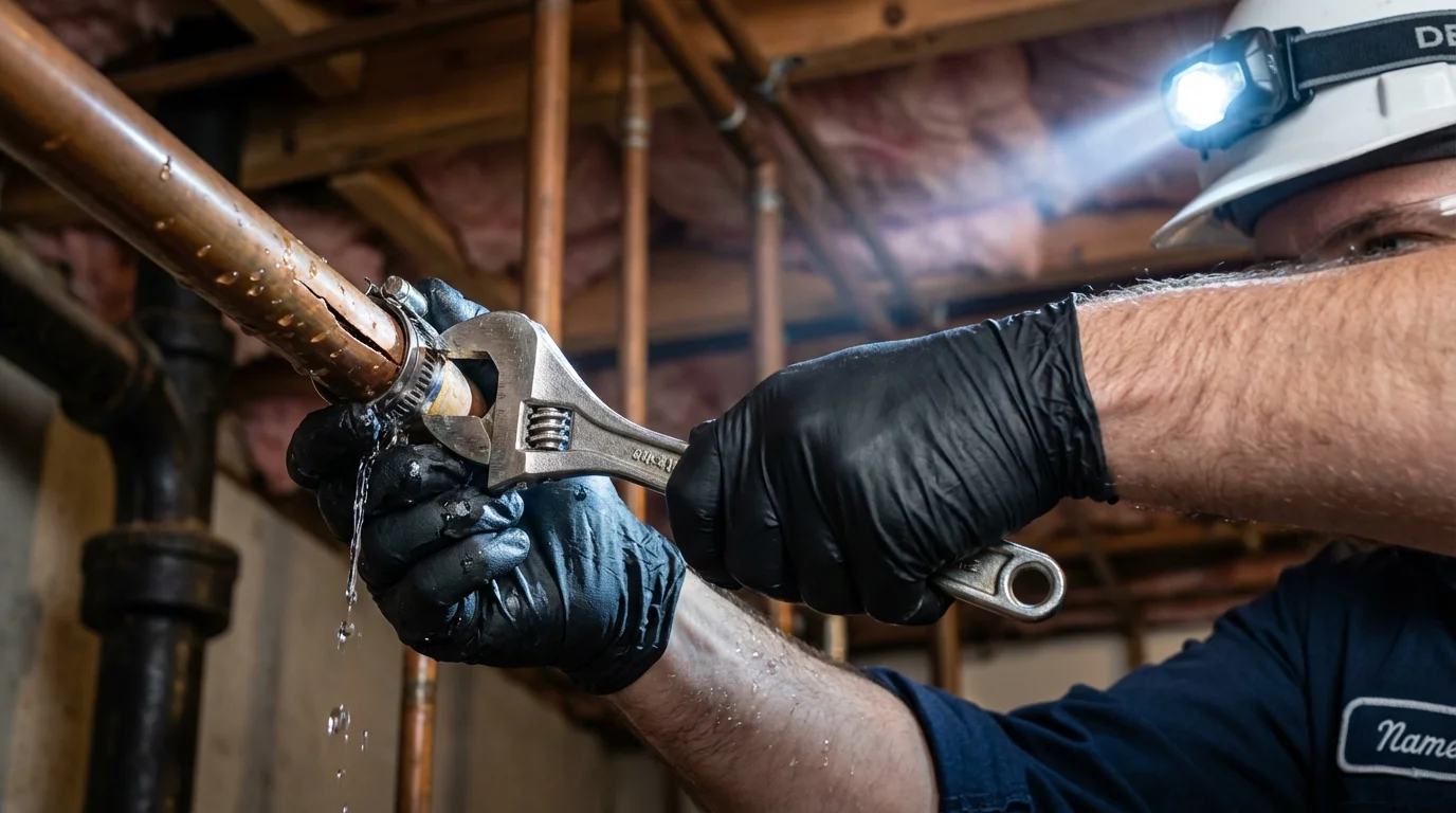 Emergency pipe clamp repair being performed by a Johns Plumbing LLC plumber in West Paris
