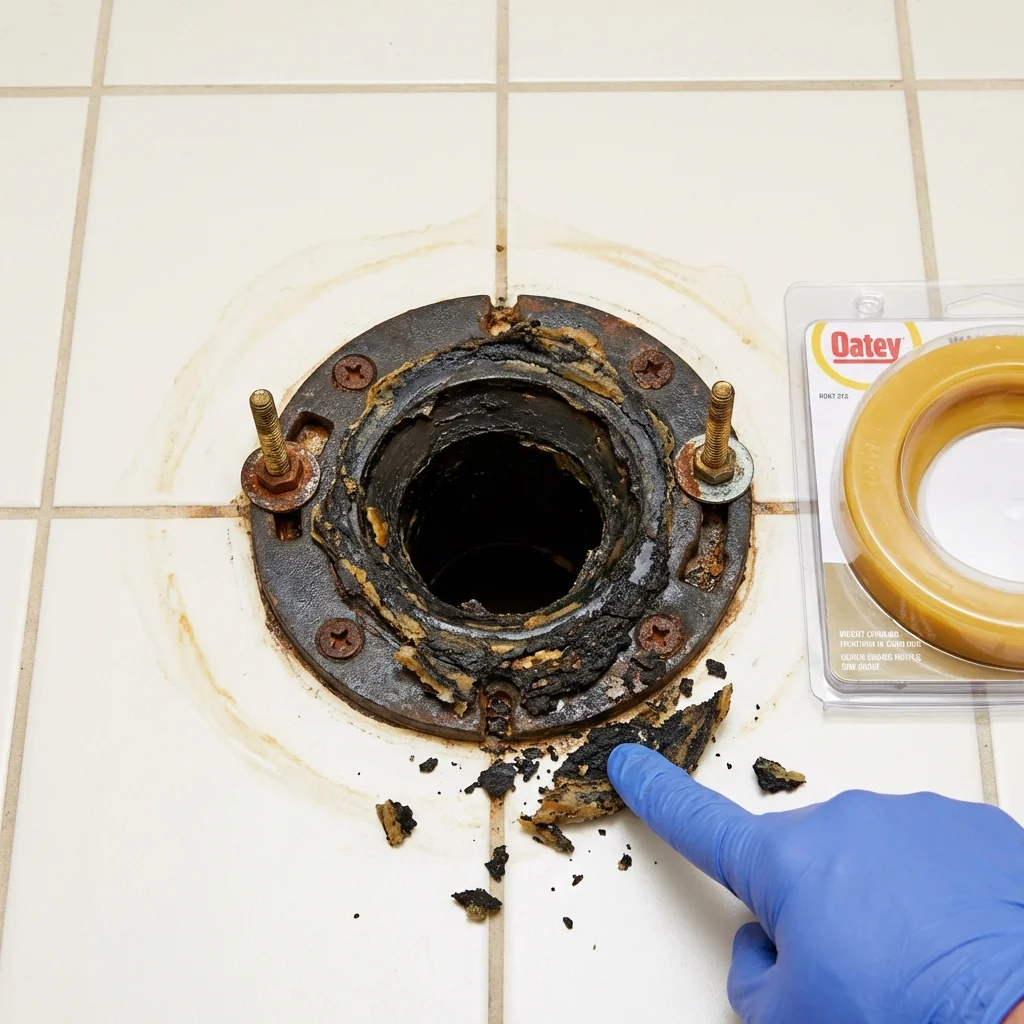 Failed wax ring showing water seepage at the base of a toilet in a West Paris, ME home