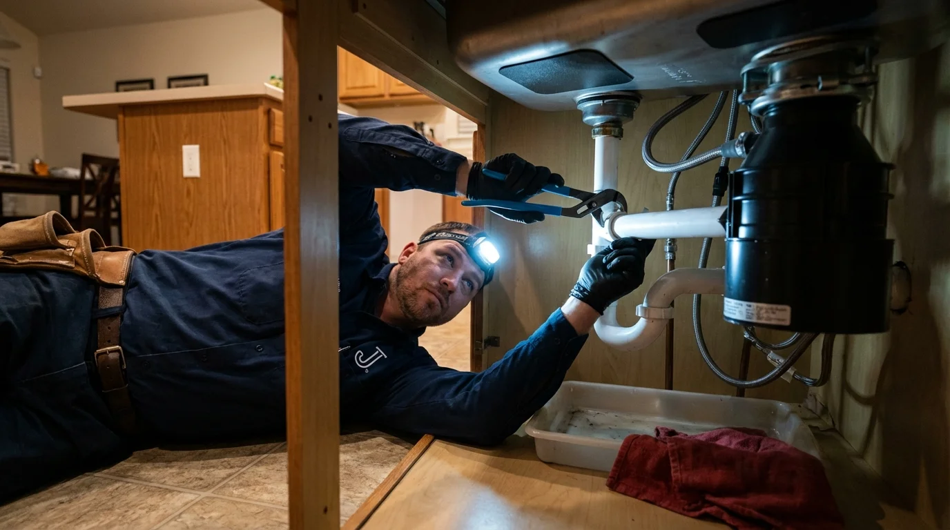 P-trap and supply line connections under a kitchen sink showing a common leak point in West Paris, ME